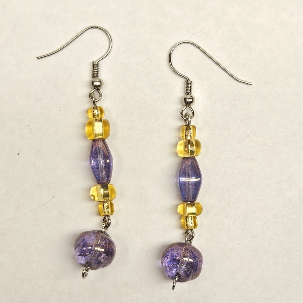 Purple and Yellow Lampwork Glass Beaded Earrings